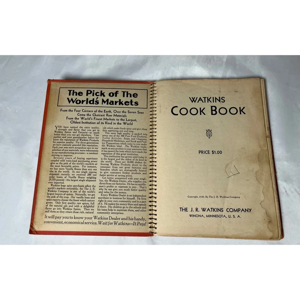 Vintage 1936 Watkins Cook Book Spiral Bound JR Watkins Co Winona MN Advertising